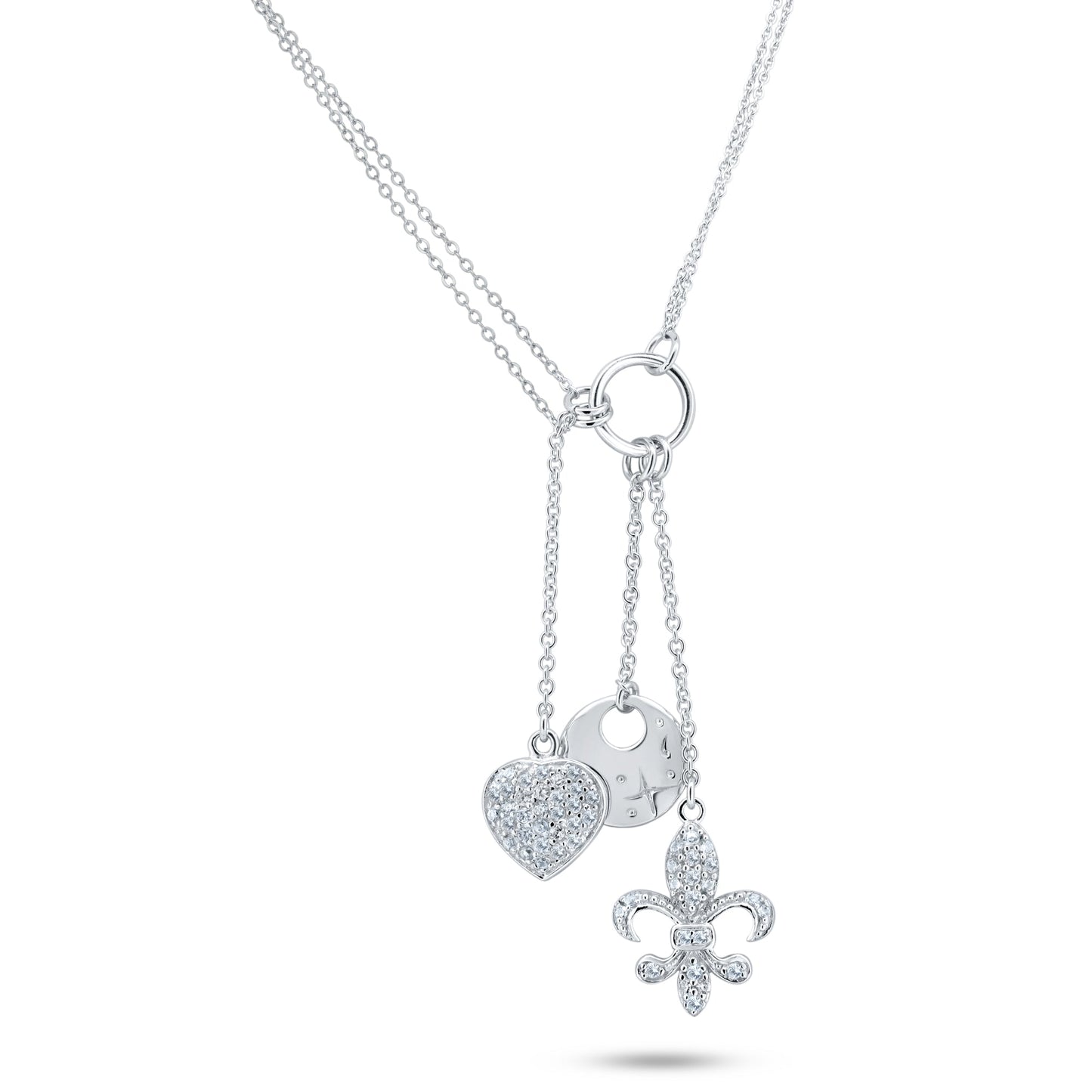 Clearance-Rhodium Plated 925 Sterling Silver Clear CZ Flor De Lis, Heart, Disc Charm Necklace - STP00850 SPI