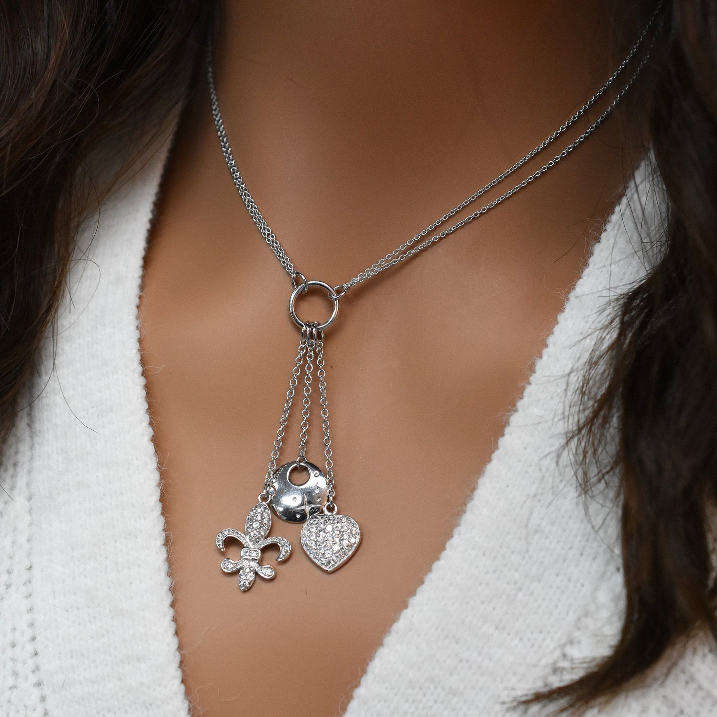 Clearance-Rhodium Plated 925 Sterling Silver Clear CZ Flor De Lis, Heart, Disc Charm Necklace - STP00850 SPI