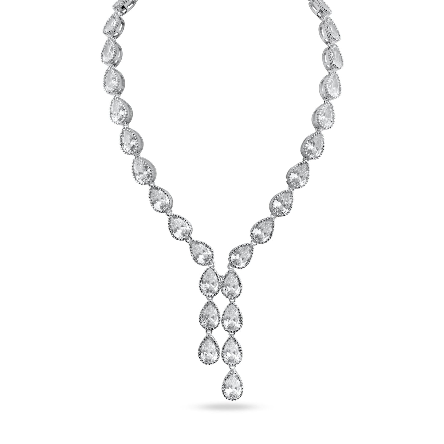 Rhodium Plated 925 Sterling Silver Teardrop Dangling Pendant Clear CZ Tennis Necklace - STP01839 SPI