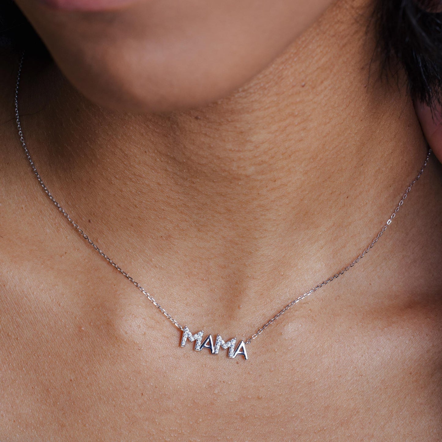 Rhodium Plated 925 Sterling Silver MAMA CZ Necklace - STP01842 SPI