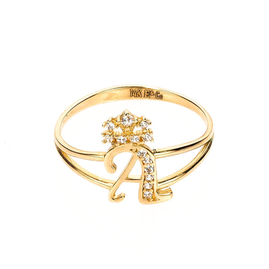 Crown Initial Letter 'A' Ring in 14K Gold with CZ