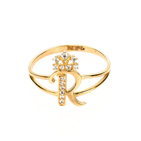 Crown Initial Letter 'R' Ring in 14K Gold with CZ
