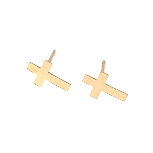 Flat Cross Stud Earrings 14K Gold