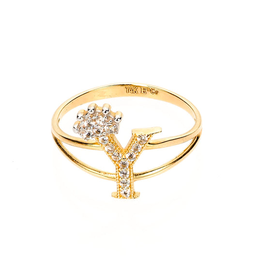 Crown Initial Letter 'Y' Ring in 14K Gold with CZ Accent