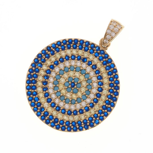 Turkish Big Blue Stone Evil Eye Round Pendant  | 14K Gold - Fantastic Jewelry NYC