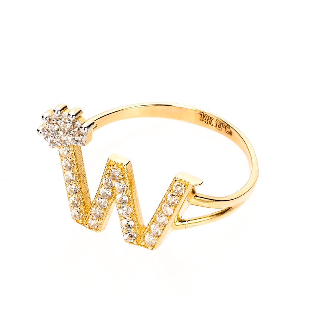 14K Gold Letter 'W' Ring with CZ Accents