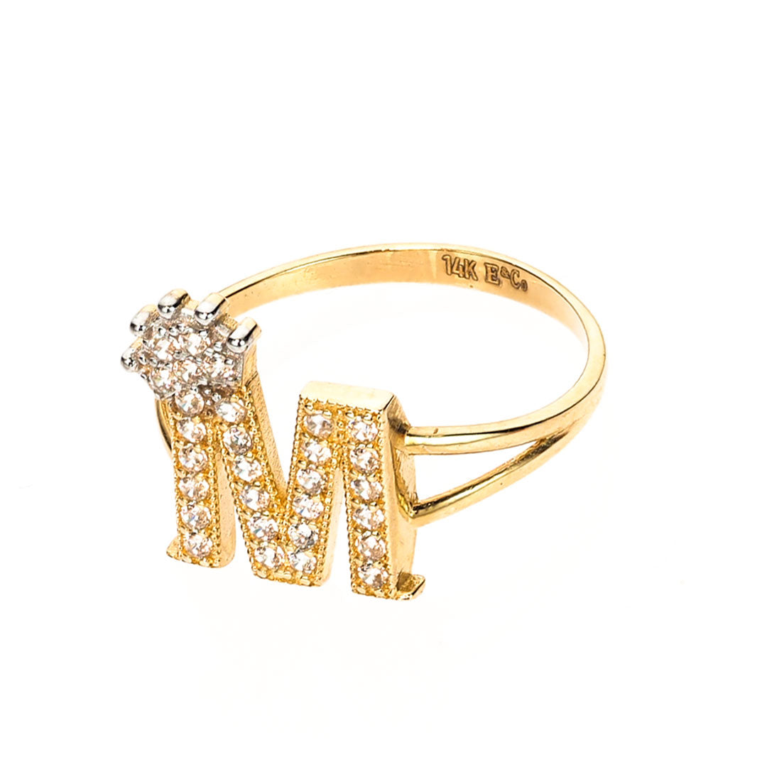 Crown Initial Letter 'M' Ring in 14K Gold with