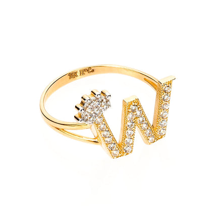 14K Gold Letter 'W' Ring with CZ Accents