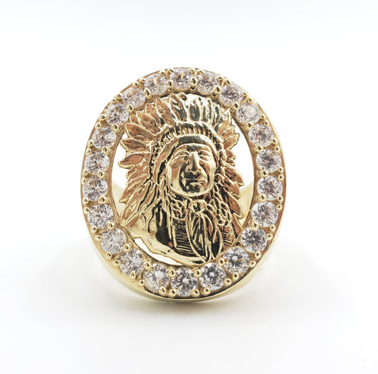 14K Gold- Men's Indian Chief Ring with CZ Trim | 9.7 Grams