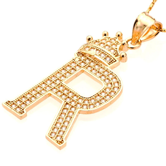 Classic Crown Initial Letter 'R' Flat Pendant in 14K Gold with CZ