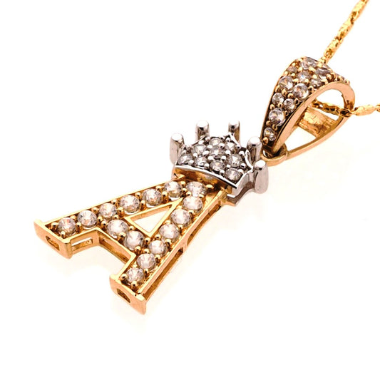 Crown Two Tone Initial 'A' Pendant in 14K Gold with CZ Accent