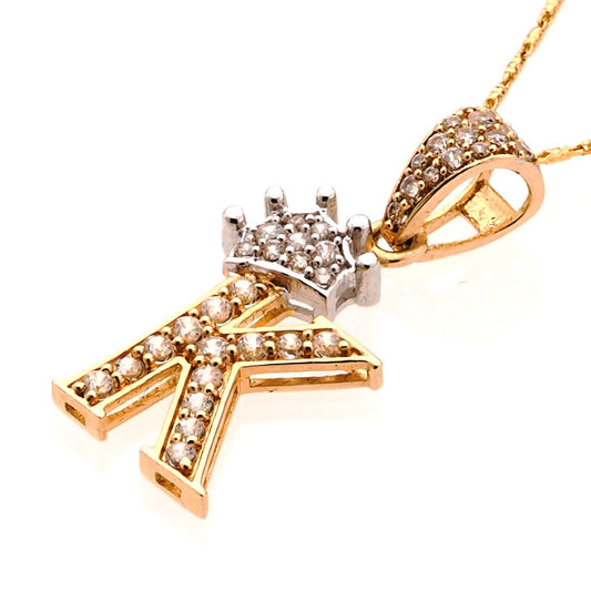 Crown Two Tone Initial 'K' Pendant in 14K Gold with CZ Stones