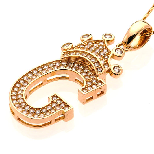 Crown Initial Letter 'G' Flat Pendant in 14K Gold
