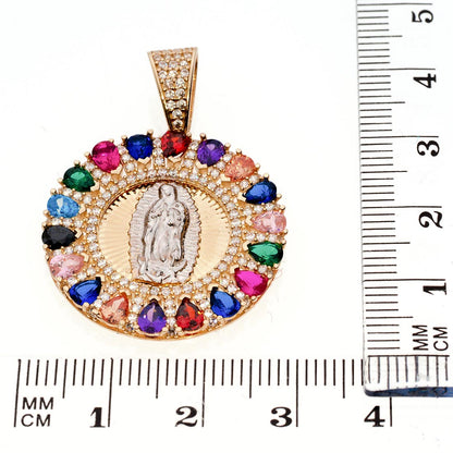 Raunded Shape Guadalupe Virgin Colorful stones Pendant | 14K Gold With zirconia - Fantastic Jewelry NYC
