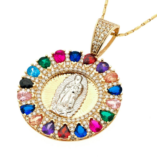 Raunded Shape Guadalupe Virgin Colorful stones Pendant | 14K Gold With zirconia - Fantastic Jewelry NYC