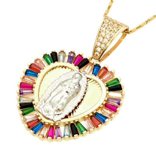 Colorful Crystal Heart Guadalupe Virgin Pendant