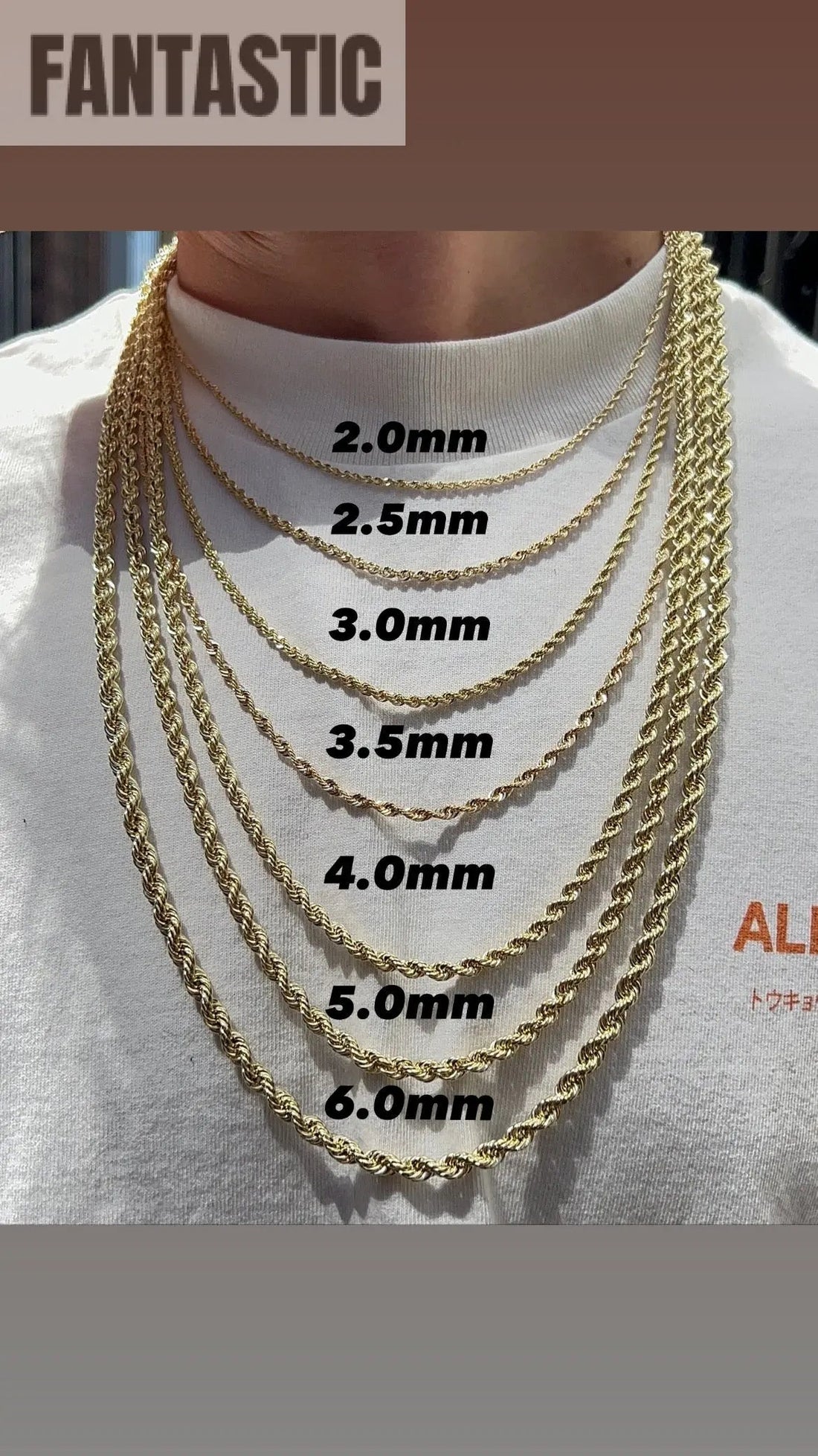 Yellow gold rope chains in 2 to 6 mm widths on a model