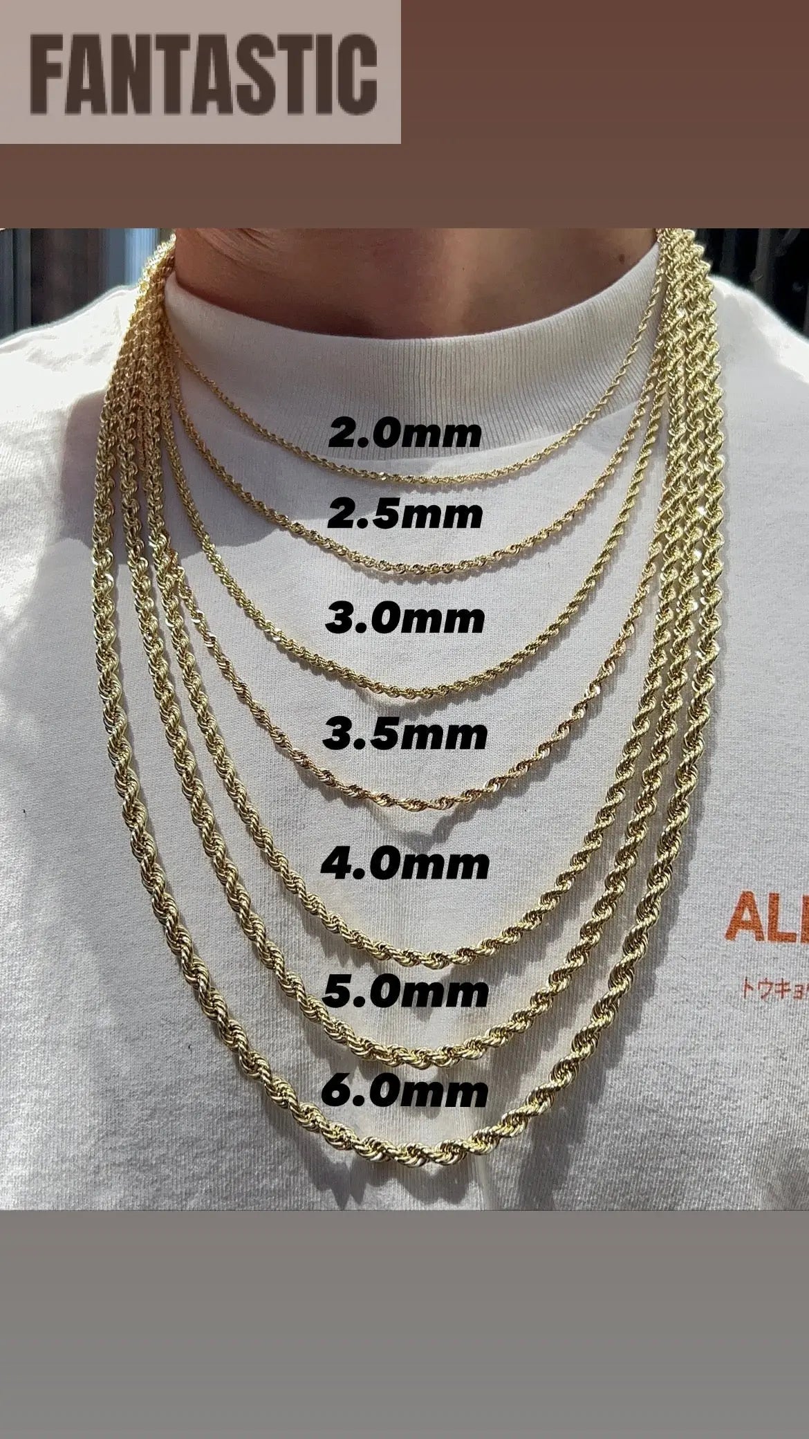 Yellow gold rope chains in 2 to 6 mm widths on a model