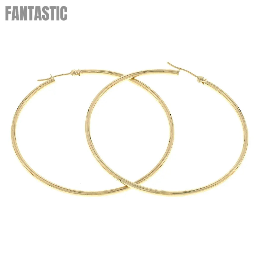 Pair of 14K yellow gold round hoop earrings with hinged wire closure, Fantastic Jewelry NYC