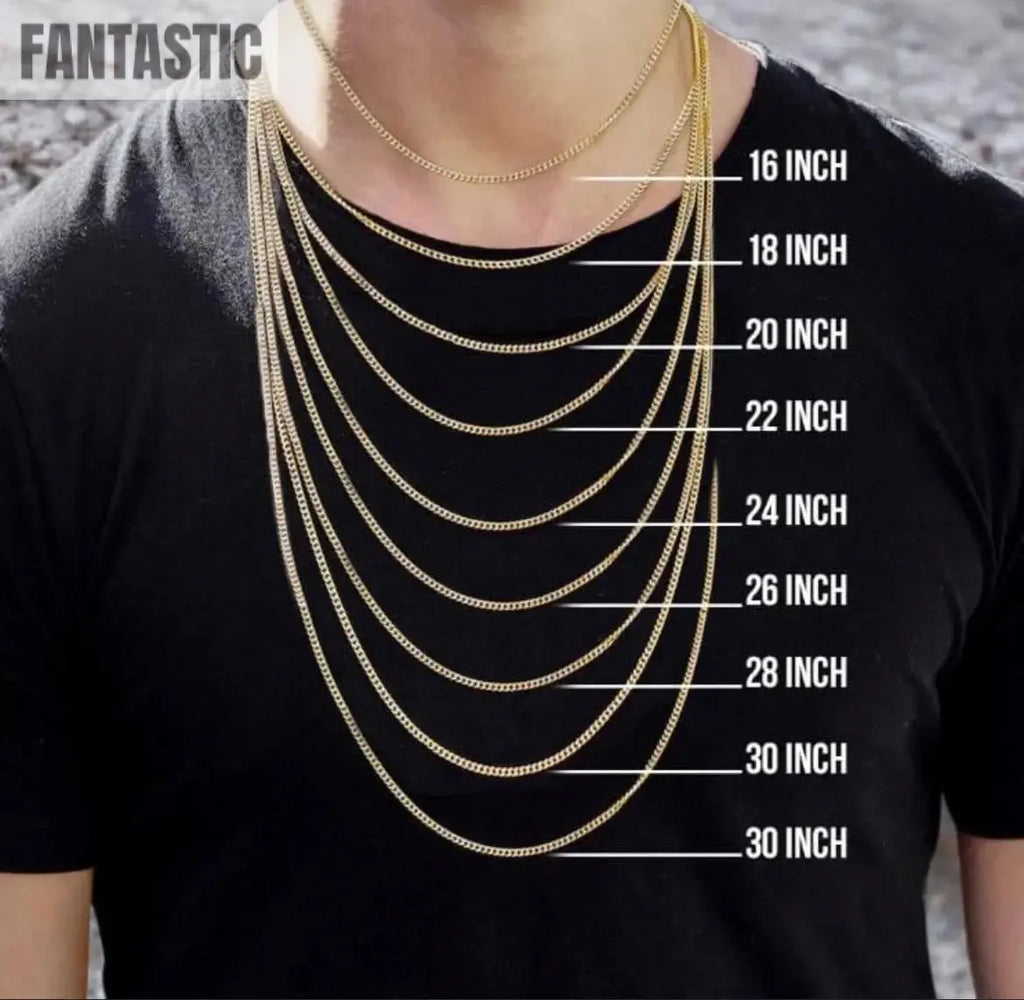 Gold chain necklace displayed on a person with measurements indicated.