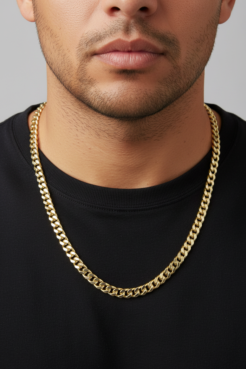 A close-up of a man wearing a thick, shiny gold Cuban link chain necklace over a black crewneck shirt, against a solid gray background.