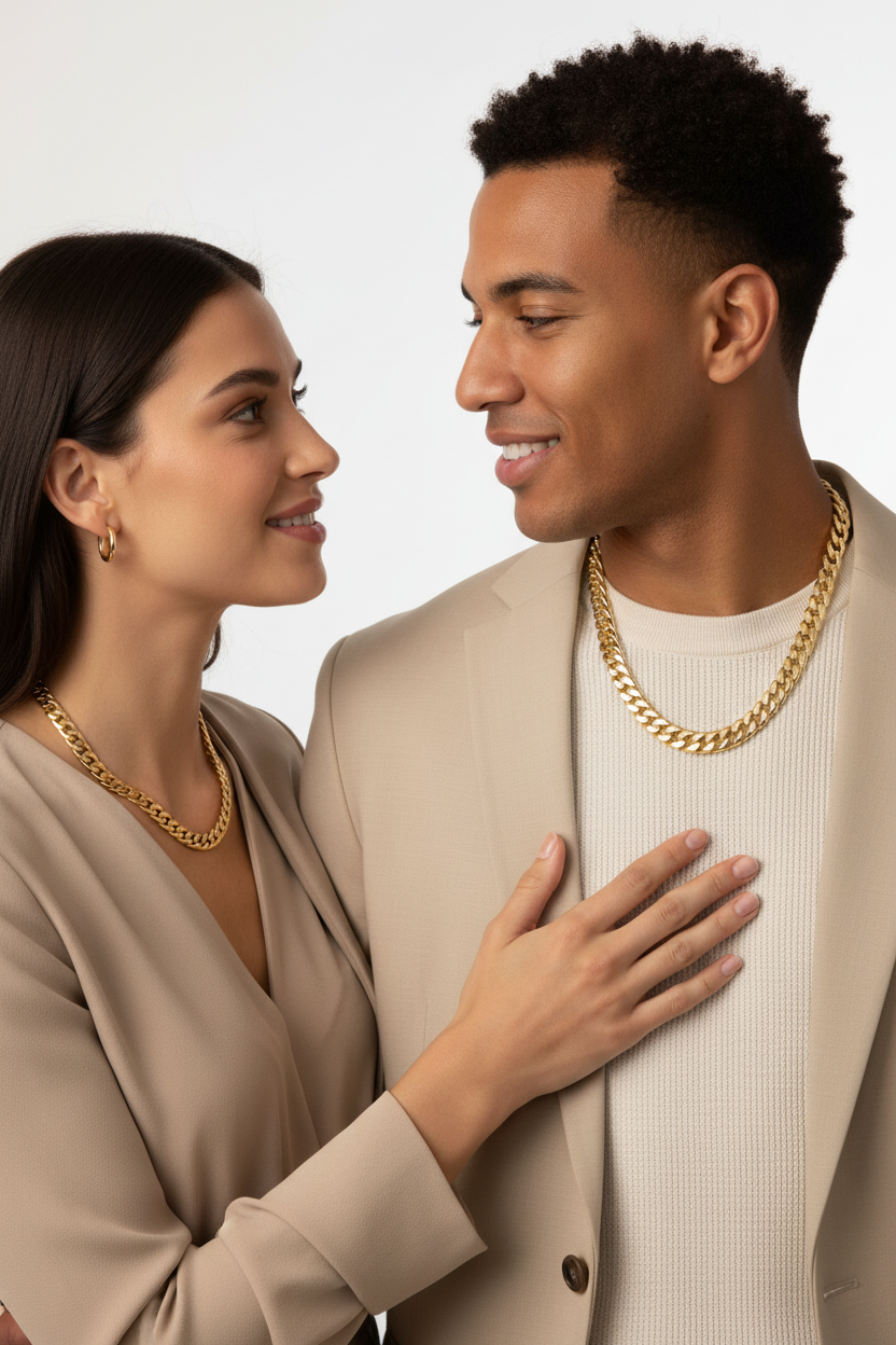 A man and a woman wearing matching gold chain necklaces and small gold hoop earrings, posed together against a clean light gray studio background.