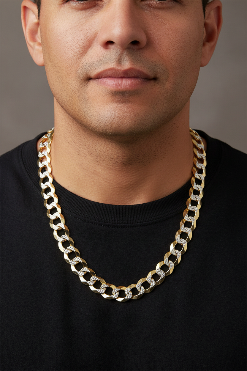 Cadena de oro de 10K - Eslabón cubano macizo con corte de diamante (pavé)