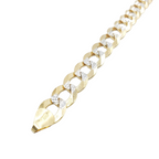 A gold Cuban link chain bracelet with textured, diamond-cut silver accents on each link, shown diagonally on a plain white background.