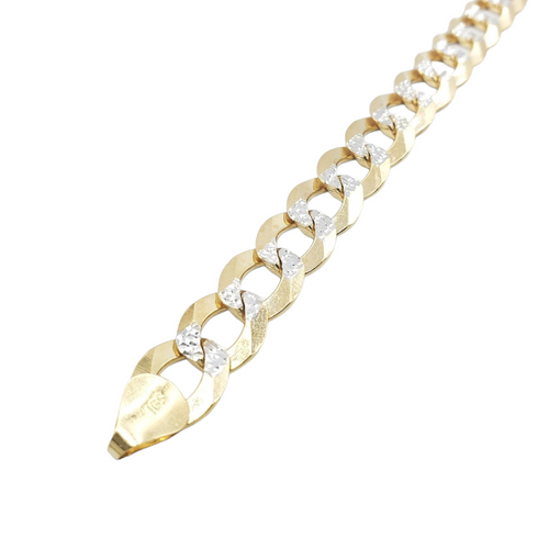 A gold Cuban link chain bracelet with textured, diamond-cut silver accents on each link, shown diagonally on a plain white background.
