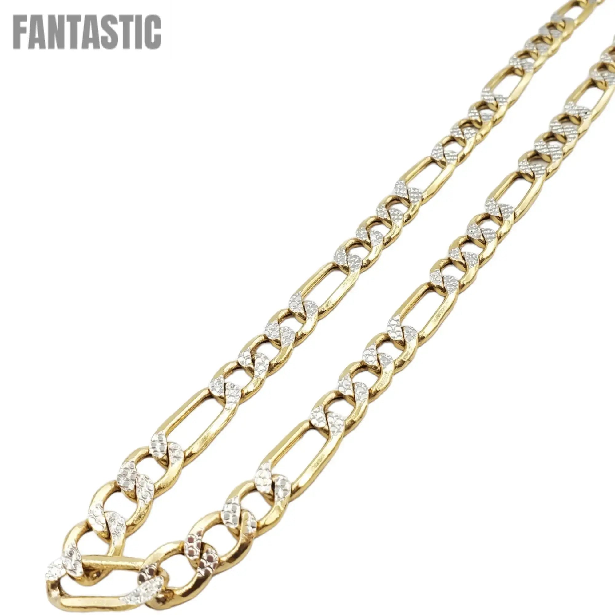 14K yellow gold hollow diamond-cut Figaro chain close-up