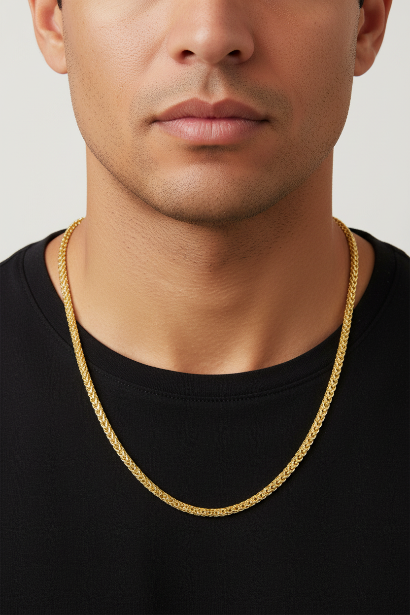 A close-up of a man wearing a gold chain necklace over a black t-shirt, showing the necklace from the chest up against a light gray background.