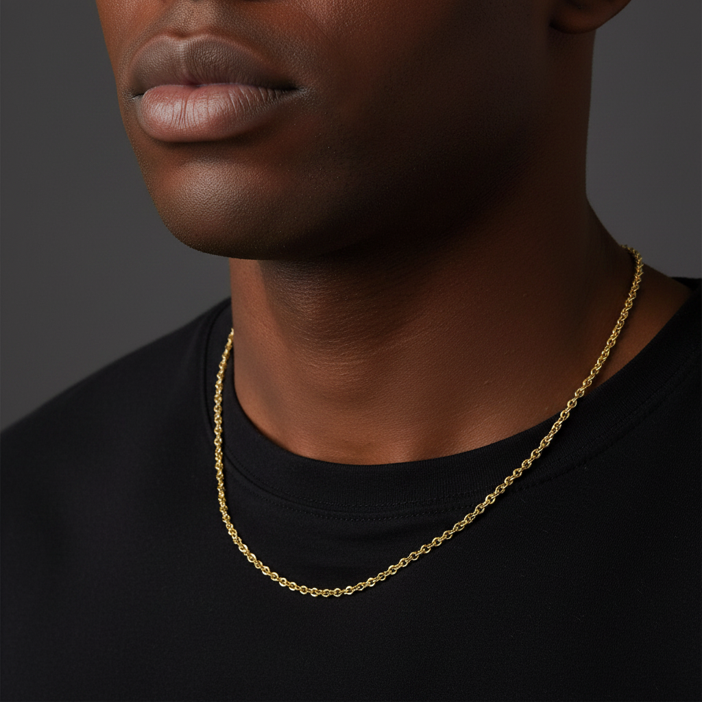 A close-up of a man wearing a delicate gold chain necklace over a black t-shirt, set against a dark gray background.