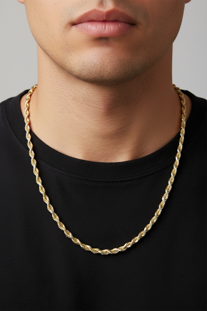 A close-up of a man wearing a twisted gold chain necklace over a black t-shirt, set against a neutral gray background.