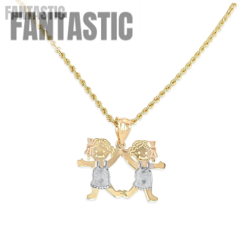 14K Gold Two Girls Pendant Necklace for Girls Fantastic Jewelry NYC