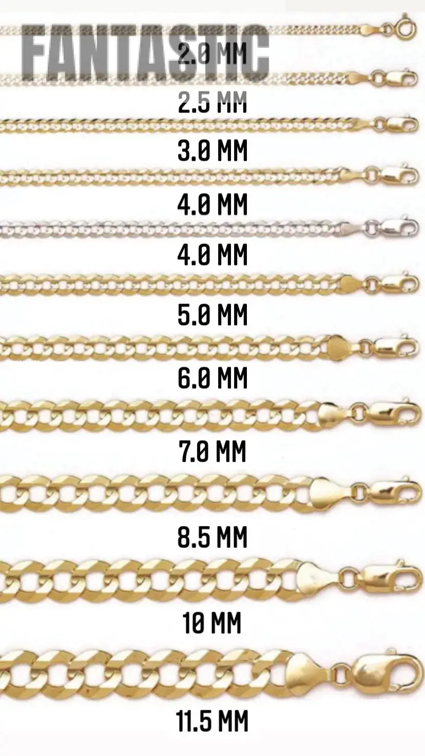 Gold chain necklace set with various widths displayed on a white background