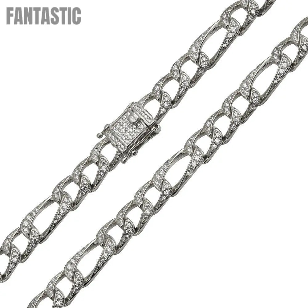 Silver 925 Rhodium Plated CZ Encrusted Figaro Chains 8.2mm - CHCZ112 RH | Silver Palace Inc. #plating_rhodium
