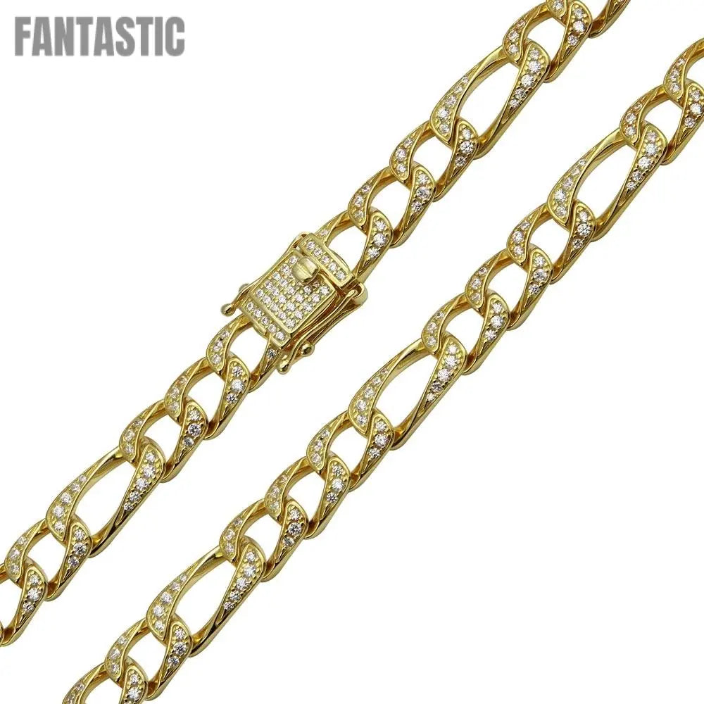 Silver 925 Gold Plated CZ Encrusted Figaro Chains 8.2mm - CHCZ112 GP | Silver Palace Inc. #plating_gold