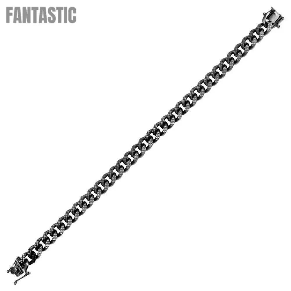 Silver 925 Miami Curb Platinlux Plated One Sided Pyramid Pave 200 8.3mm - CH957B BLK | Silver Palace Inc.