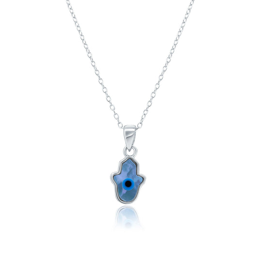 Rhodium Plated 925 Sterling Silver Hamsa Evil Eye Mother of Pearl Necklace - AAP00003 SPI