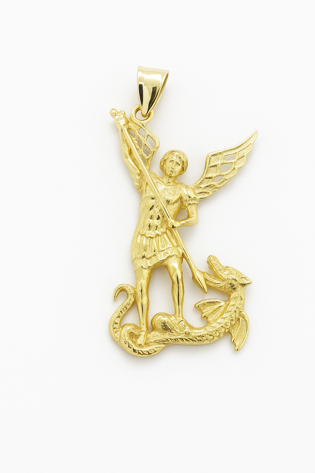 14K Real Gold Saint Michael Pendant – Slaying the Dragon, Defending the Light Fantastic Jewelry NYC