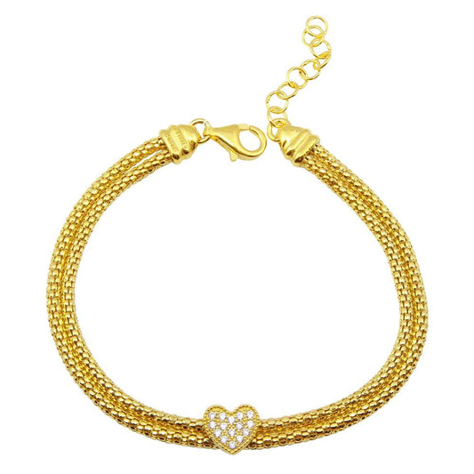 Gold Plated 925 Sterling Silver Heart and Double Chain Bracelet with CZ - ARB00016GP SPI