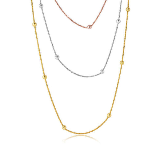Silver 925 3 Toned 3 Strands Roc Chain With Bead Necklace - ARN00028TRI SPI