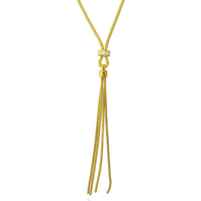 Gold Plated 925 Sterling Silver Tassel Drop Necklace with Connected CZ Ring Knot - ARN00033GP SPI