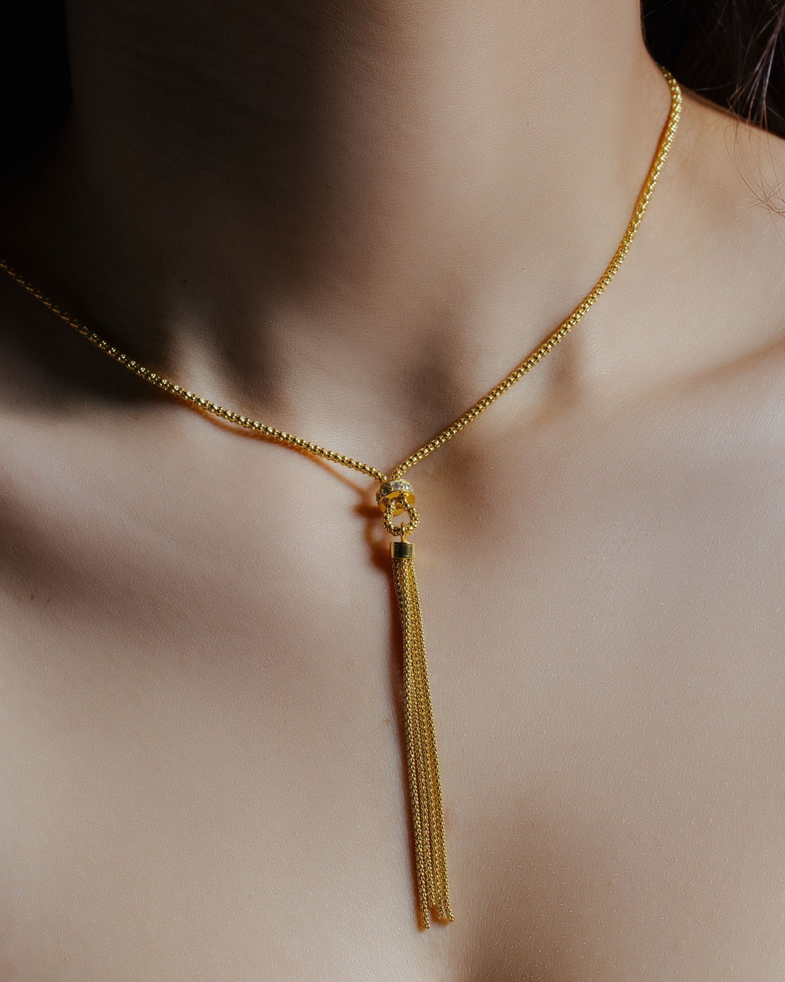 Gold Plated 925 Sterling Silver Tassel Drop Necklace with Connected CZ Ring Knot - ARN00033GP SPI