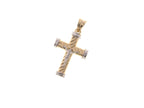 A two-tone gold and white gold  cross pendant with a textured rope-like finish and a central silver figure, shown on a plain white background.