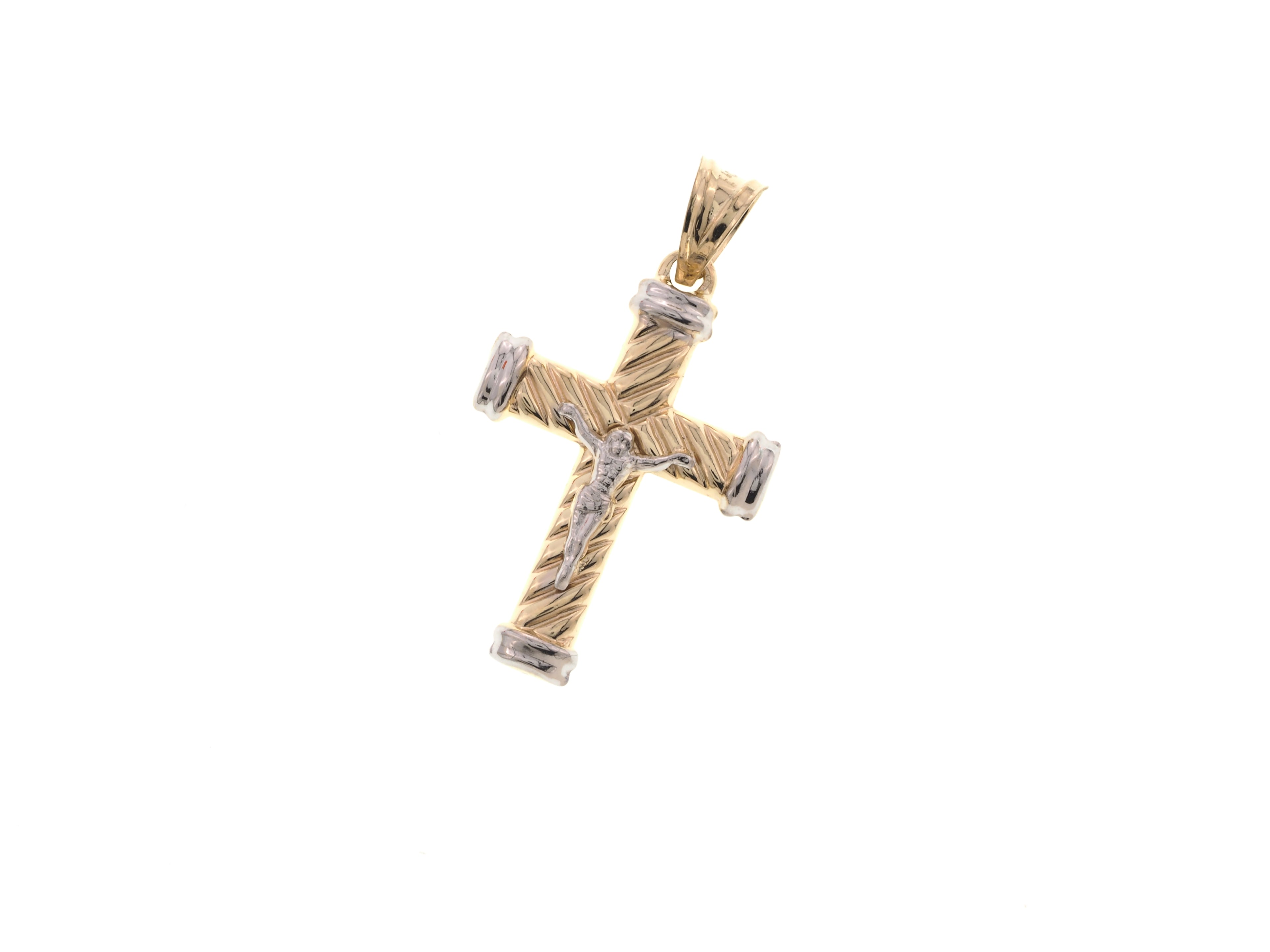 A two-tone gold and white gold  cross pendant with a textured rope-like finish and a central silver figure, shown on a plain white background.