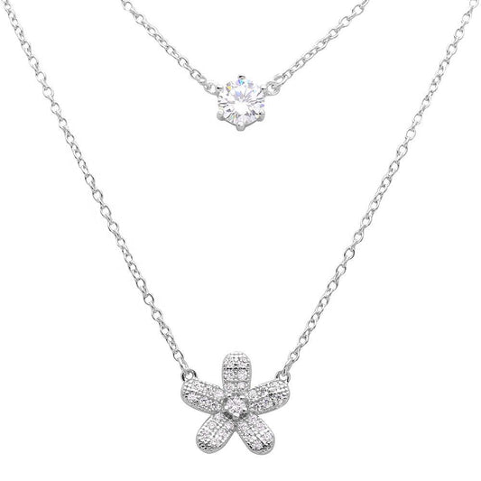 Silver 925 Rhodium Plated Double Chain CZ and Hibiscus Flower Necklace - BGP01119 SPI