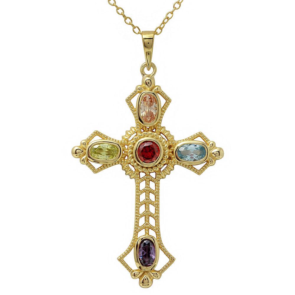 Gold Plated 925 Sterling Silver Multi Color CZ Cross Necklace - BGP01134 SPI