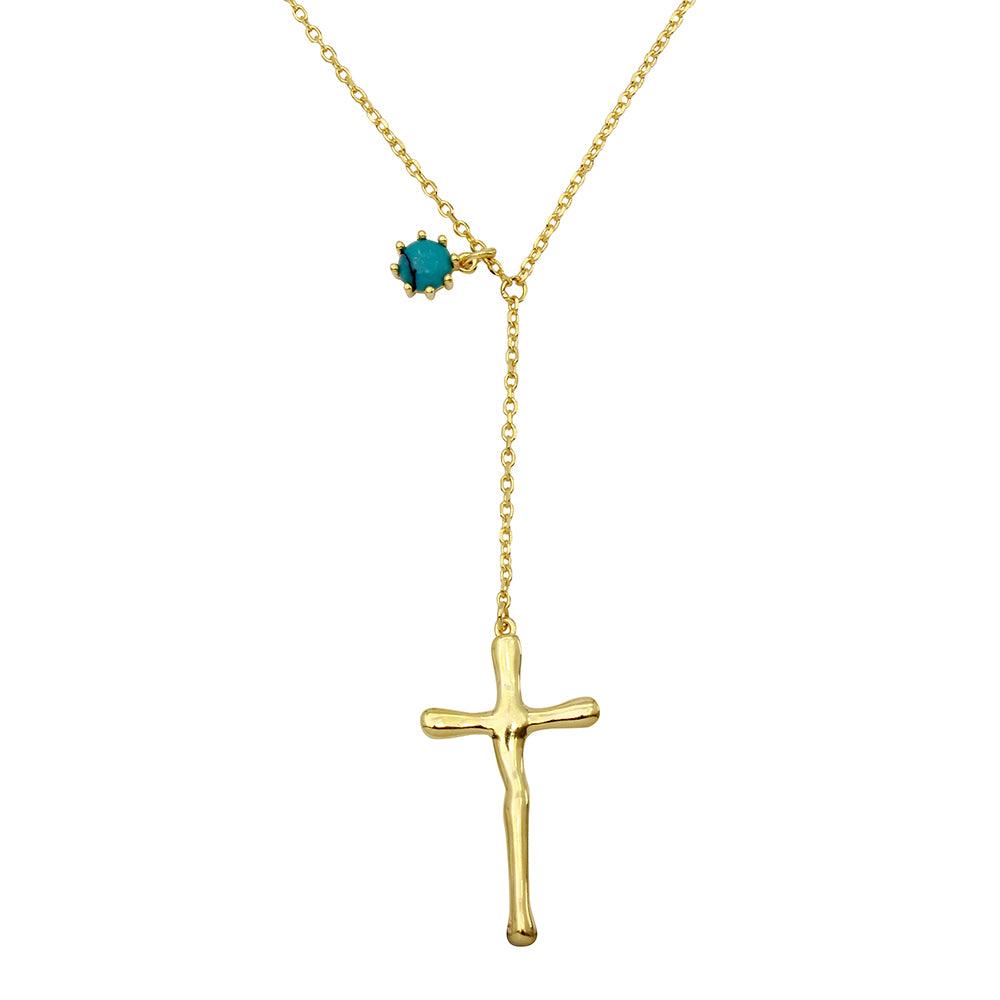 Gold Plated 925 Sterling Silver Cross Necklace with Turquoise Bead Charm - BGP01135 SPI