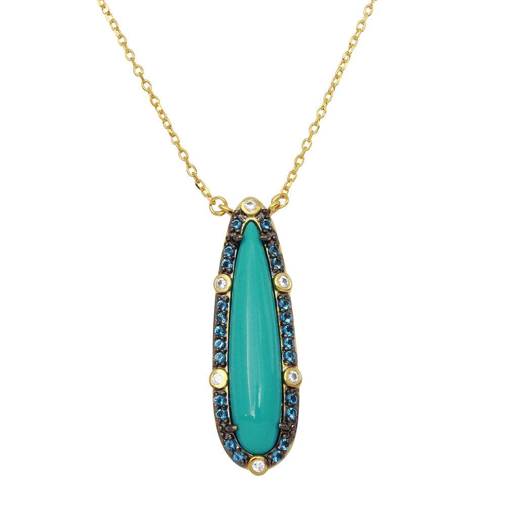 Gold Plated 925 Sterling Silver Tear Drop Turquoise Center Stone Necklace with CZ - BGP01140 SPI